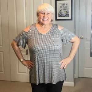 ELLE Cold Shoulder Black White Gingham Top (L, XL, XXL) NWT